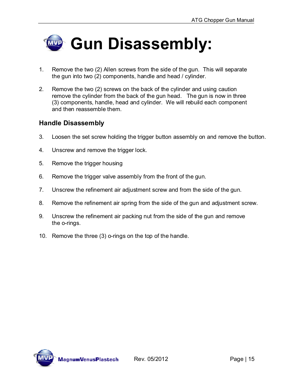 Gun disassembly | Magnum Venus Plastech ATG Gel Coat Gun User Manual | Page 15 / 80