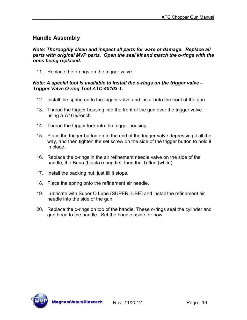 Handle assembly | Magnum Venus Plastech ATG chopper Gun User Manual | Page 16 / 60