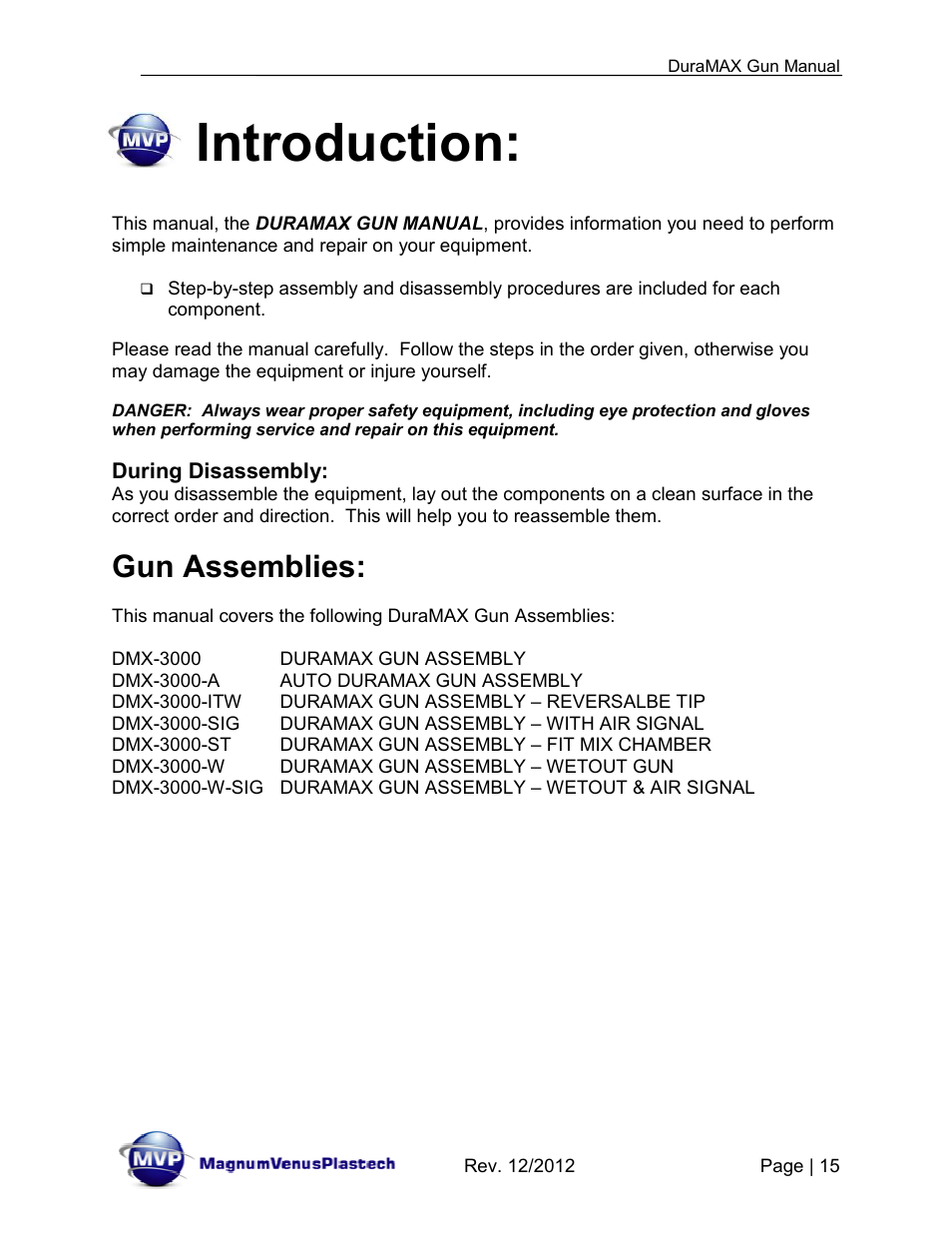 Introduction, Gun assemblies | Magnum Venus Plastech DuraMAX Gun DMX-3000 User Manual | Page 15 / 54