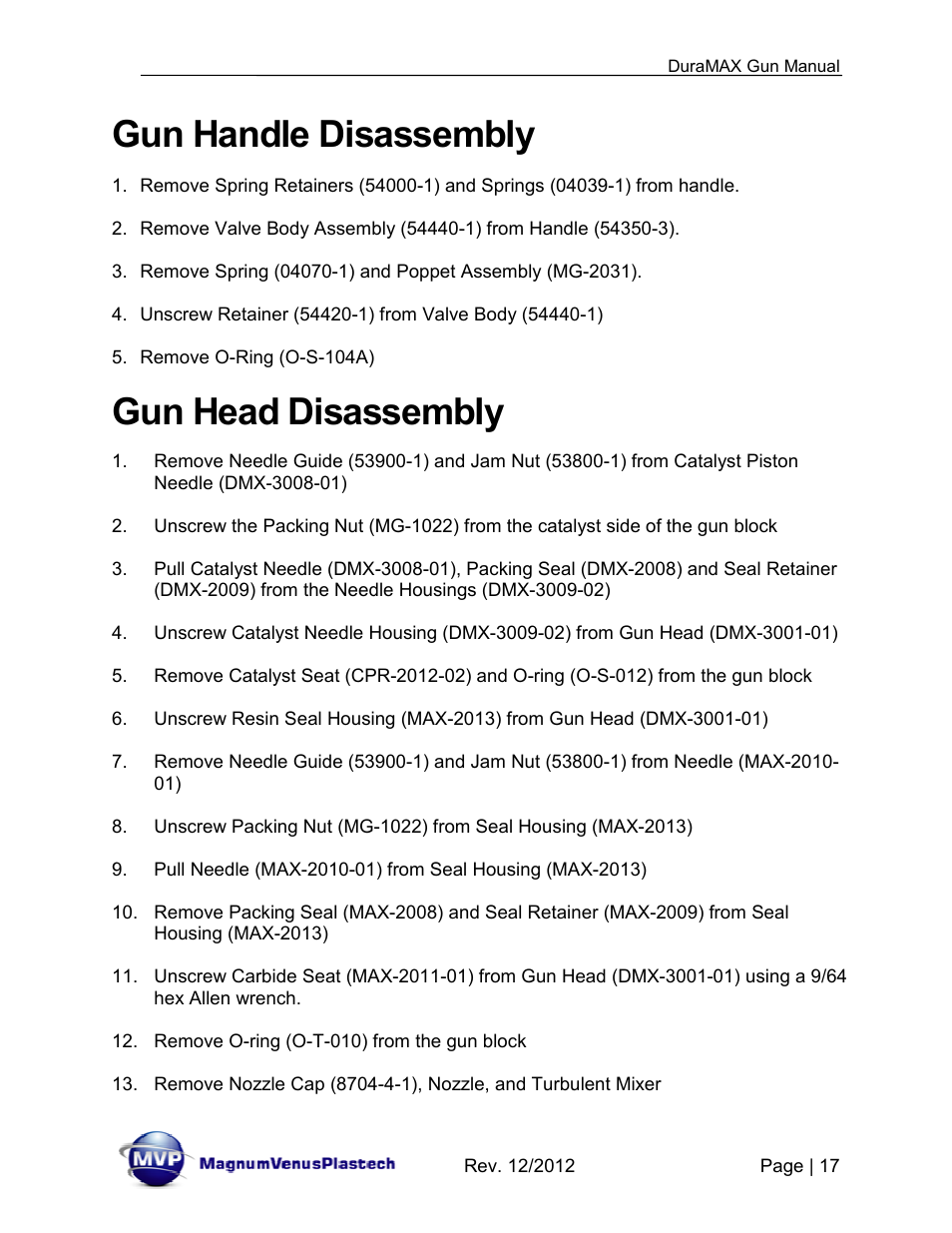 Gun handle disassembly, Gun head disassembly | Magnum Venus Plastech DuraMAX Gun DMX-3000 User Manual | Page 17 / 54