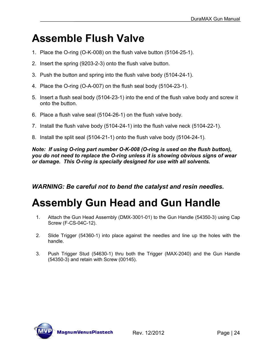 Assemble flush valve, Assembly gun head and gun handle | Magnum Venus Plastech DuraMAX Gun DMX-3000 User Manual | Page 24 / 54