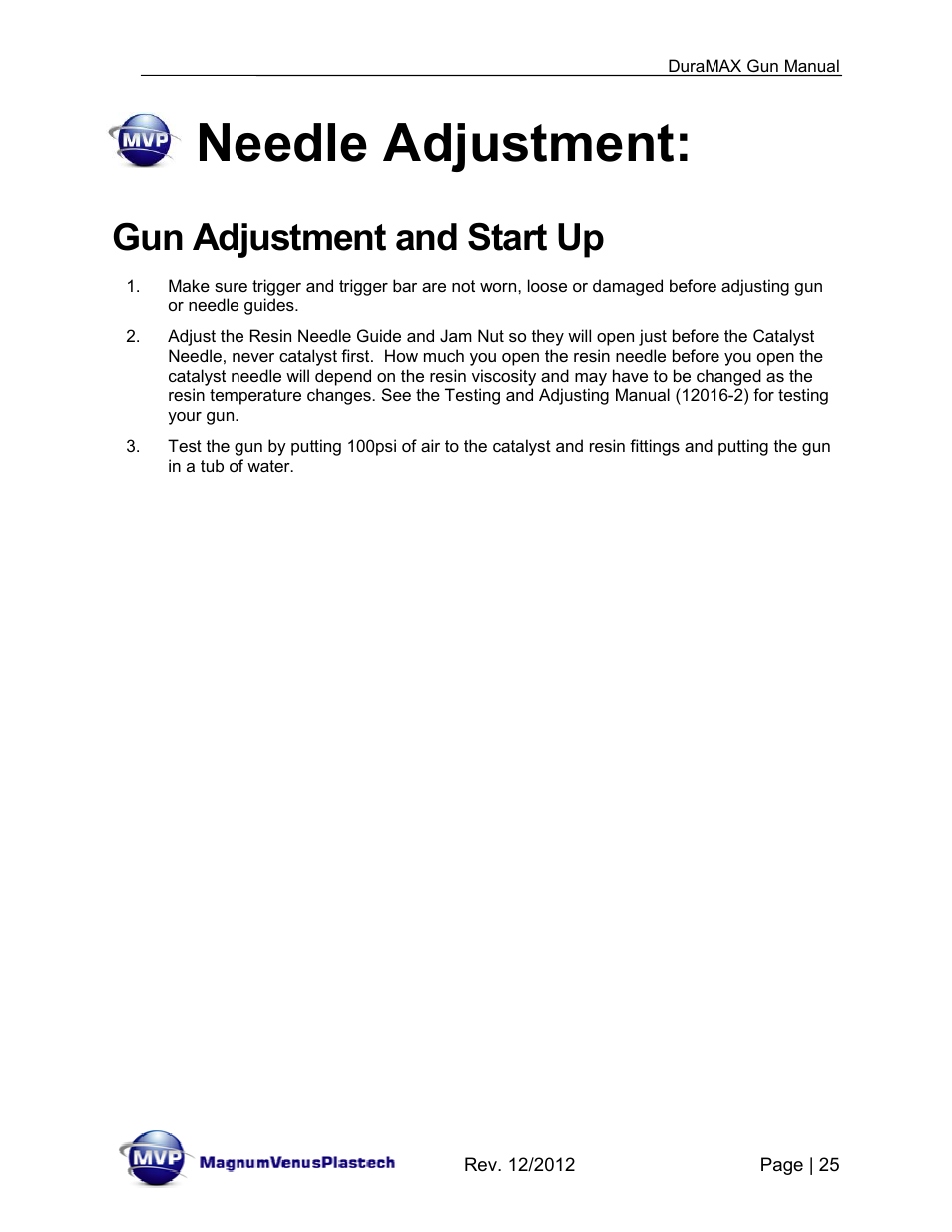 Needle adjustment, Gun adjustment and start up | Magnum Venus Plastech DuraMAX Gun DMX-3000 User Manual | Page 25 / 54