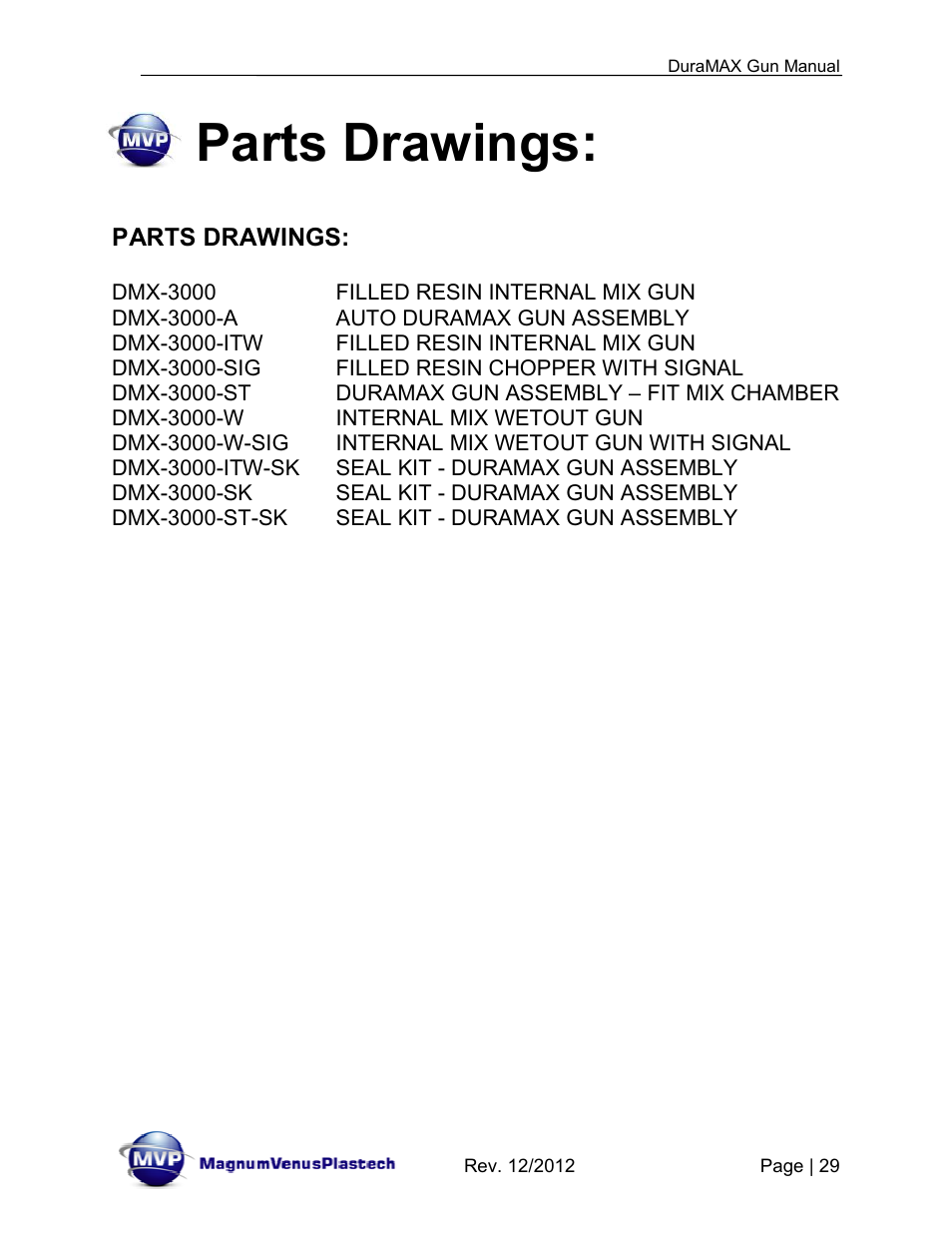 Parts drawings | Magnum Venus Plastech DuraMAX Gun DMX-3000 User Manual | Page 29 / 54