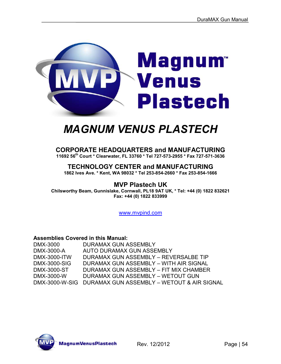 Magnum venus plastech | Magnum Venus Plastech DuraMAX Gun DMX-3000 User Manual | Page 54 / 54