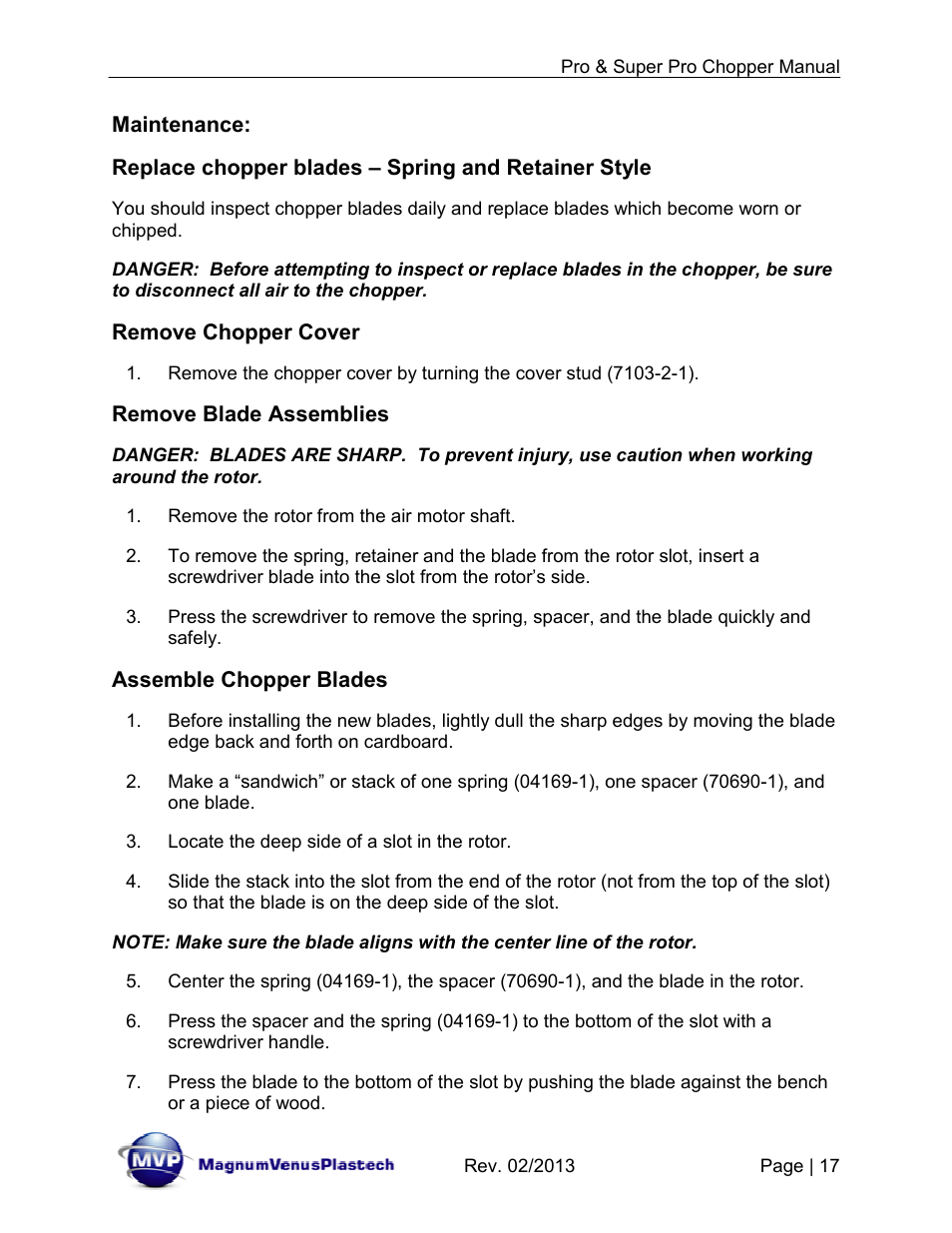 Maintenance, Replace chopper blades – spring and retainer style, Remove chopper cover | Remove blade assemblies, Assemble chopper blades | Magnum Venus Plastech PRO AND SUPER PRO CHOPPER VRC-1000_2000_3000 User Manual | Page 17 / 32