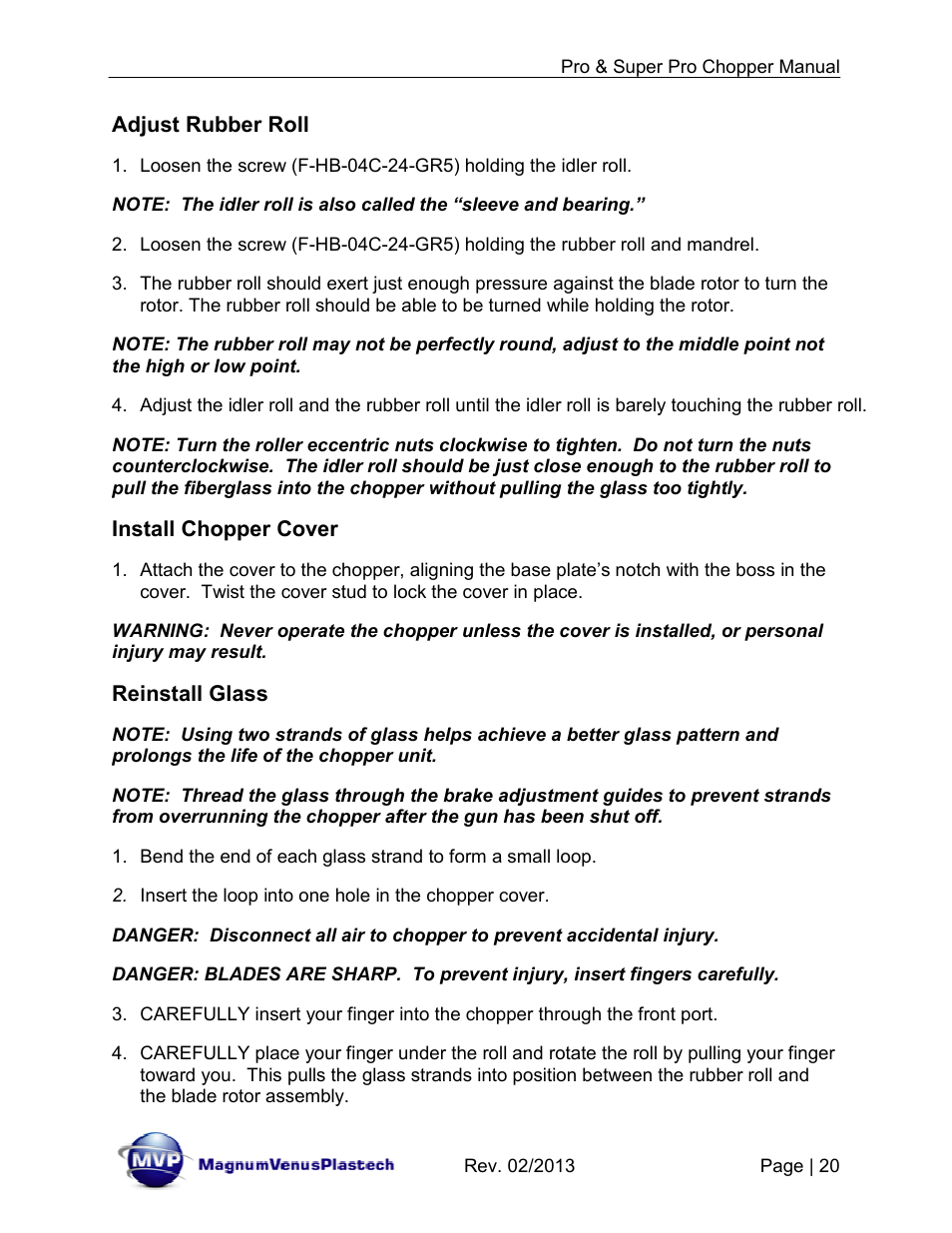 Adjust rubber roll, Install chopper cover, Reinstall glass | Magnum Venus Plastech PRO AND SUPER PRO CHOPPER VRC-1000_2000_3000 User Manual | Page 20 / 32