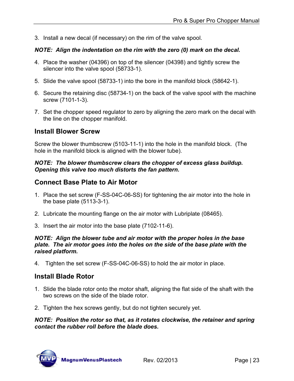 Install blower screw, Connect base plate to air motor, Install blade rotor | Magnum Venus Plastech PRO AND SUPER PRO CHOPPER VRC-1000_2000_3000 User Manual | Page 23 / 32