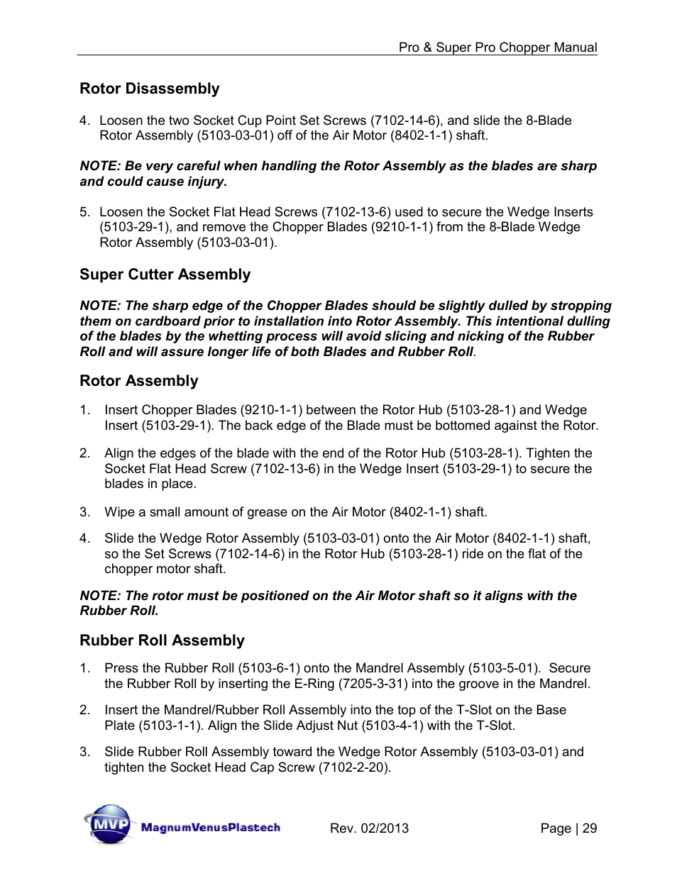 Rotor disassembly, Super cutter assembly, Rotor assembly | Rubber roll assembly | Magnum Venus Plastech PRO AND SUPER PRO CHOPPER VRC-1000_2000_3000 User Manual | Page 29 / 32