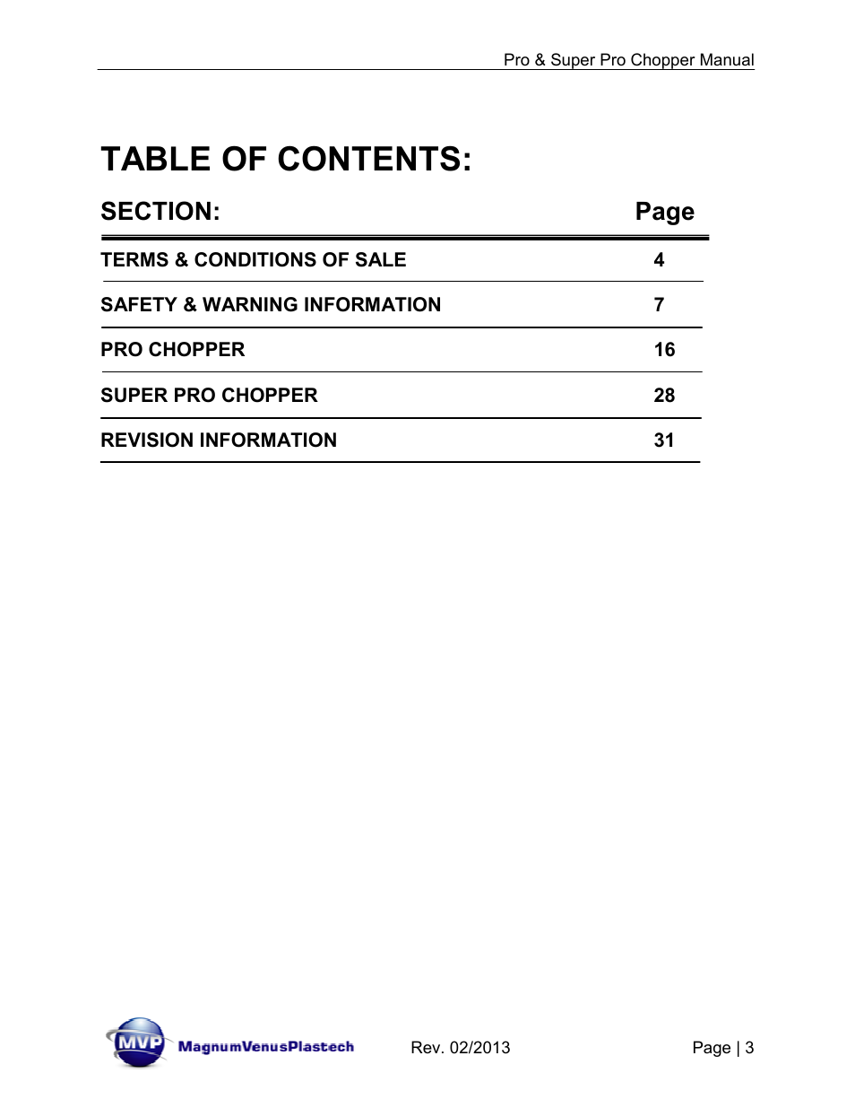 Magnum Venus Plastech PRO AND SUPER PRO CHOPPER VRC-1000_2000_3000 User Manual | Page 3 / 32