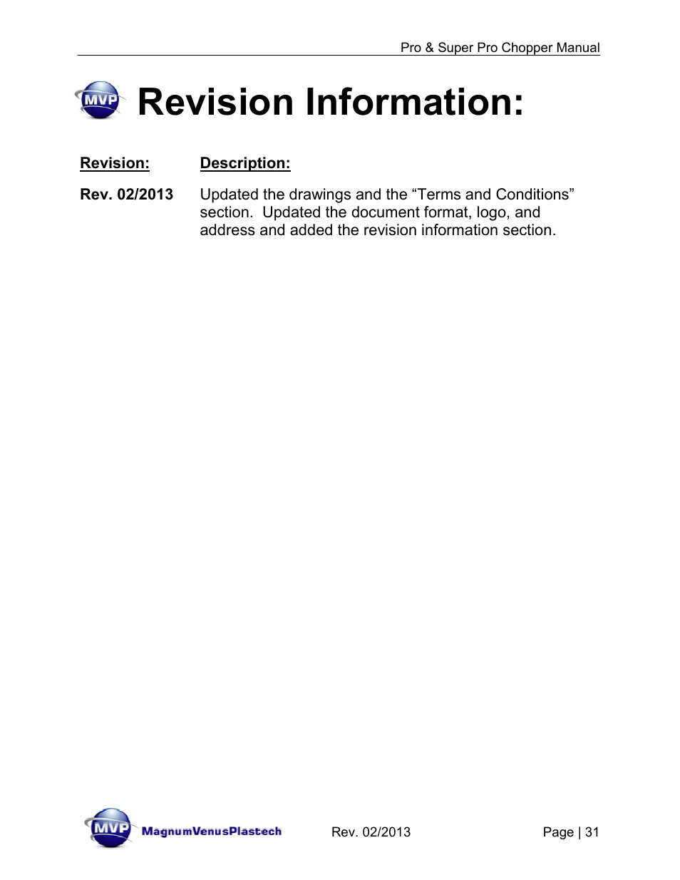 Revision information | Magnum Venus Plastech PRO AND SUPER PRO CHOPPER VRC-1000_2000_3000 User Manual | Page 31 / 32