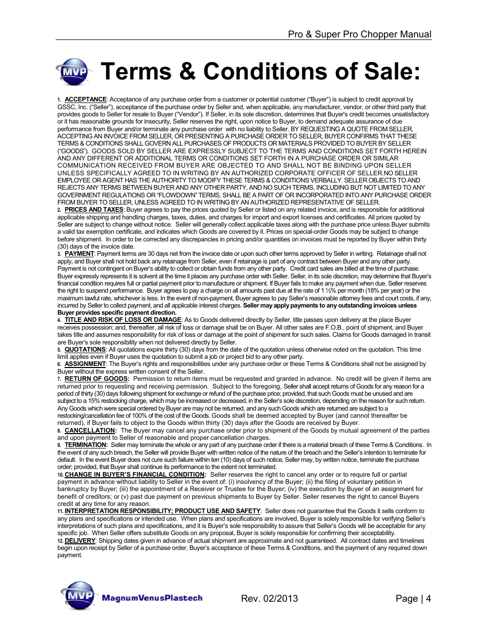 Terms & conditions of sale | Magnum Venus Plastech PRO AND SUPER PRO CHOPPER VRC-1000_2000_3000 User Manual | Page 4 / 32