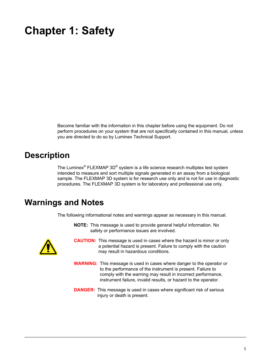 Safety, Description, Warnings and notes | Chapter 1 safety, Description warnings and notes, Chapter 1: safety | Luminex FLEXMAP 3D User Manual User Manual | Page 11 / 86