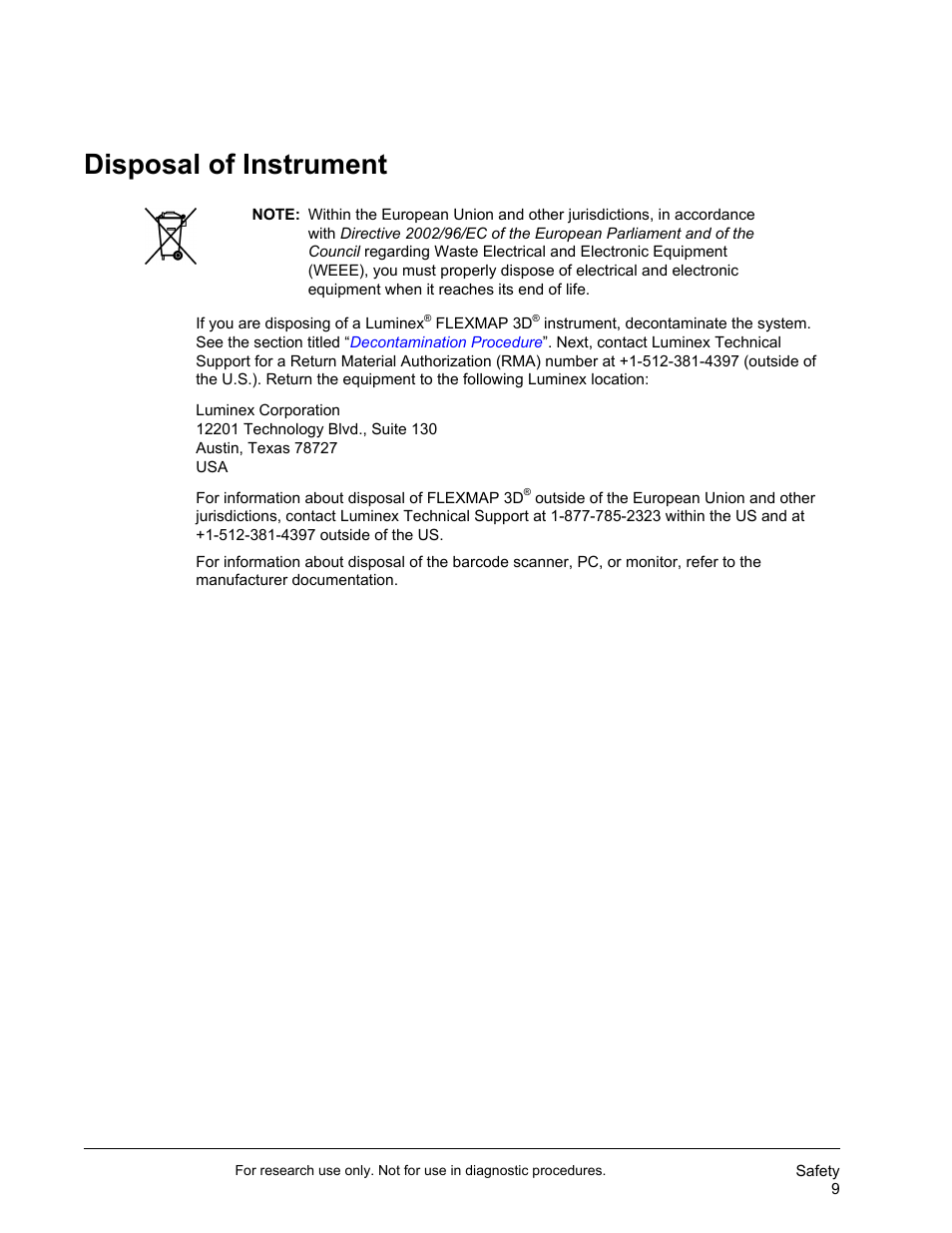 Disposal of instrument | Luminex FLEXMAP 3D User Manual User Manual | Page 19 / 86