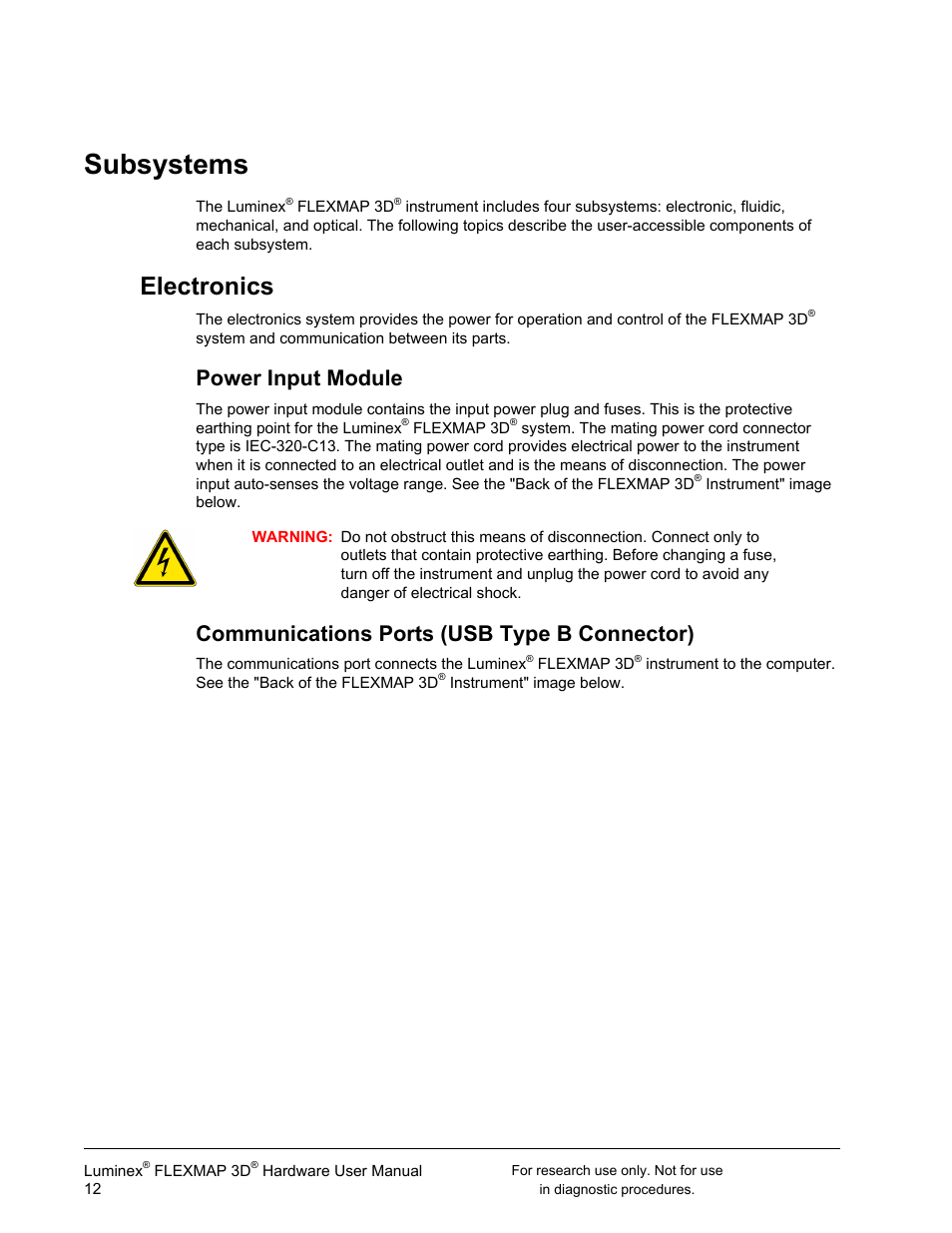Subsystems, Electronics, Power input module | Communications ports (usb type b connector) | Luminex FLEXMAP 3D User Manual User Manual | Page 22 / 86
