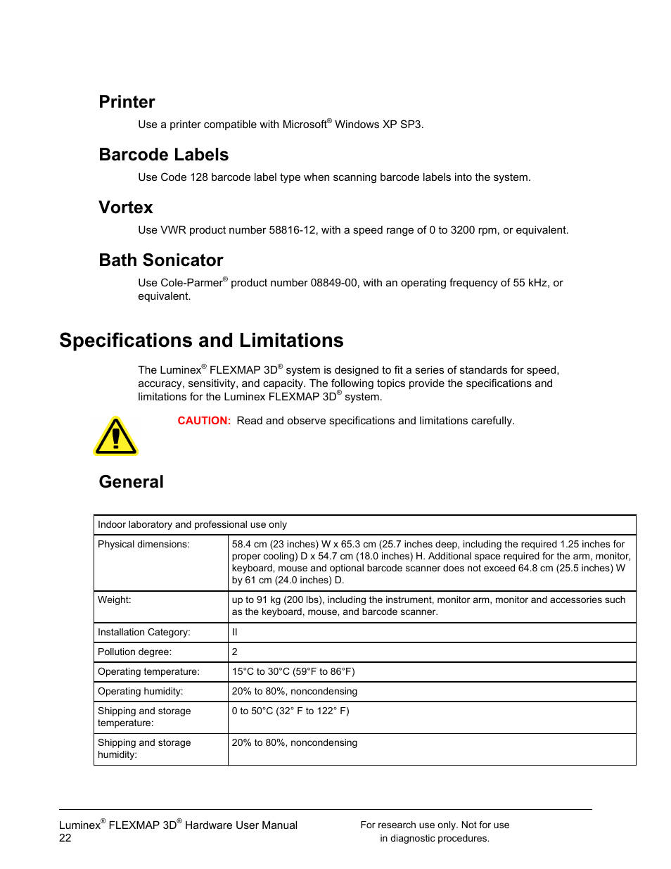Printer, Barcode labels, Vortex | Bath sonicator, Specifications and limitations, General, Printer barcode labels vortex bath sonicator | Luminex FLEXMAP 3D User Manual User Manual | Page 32 / 86