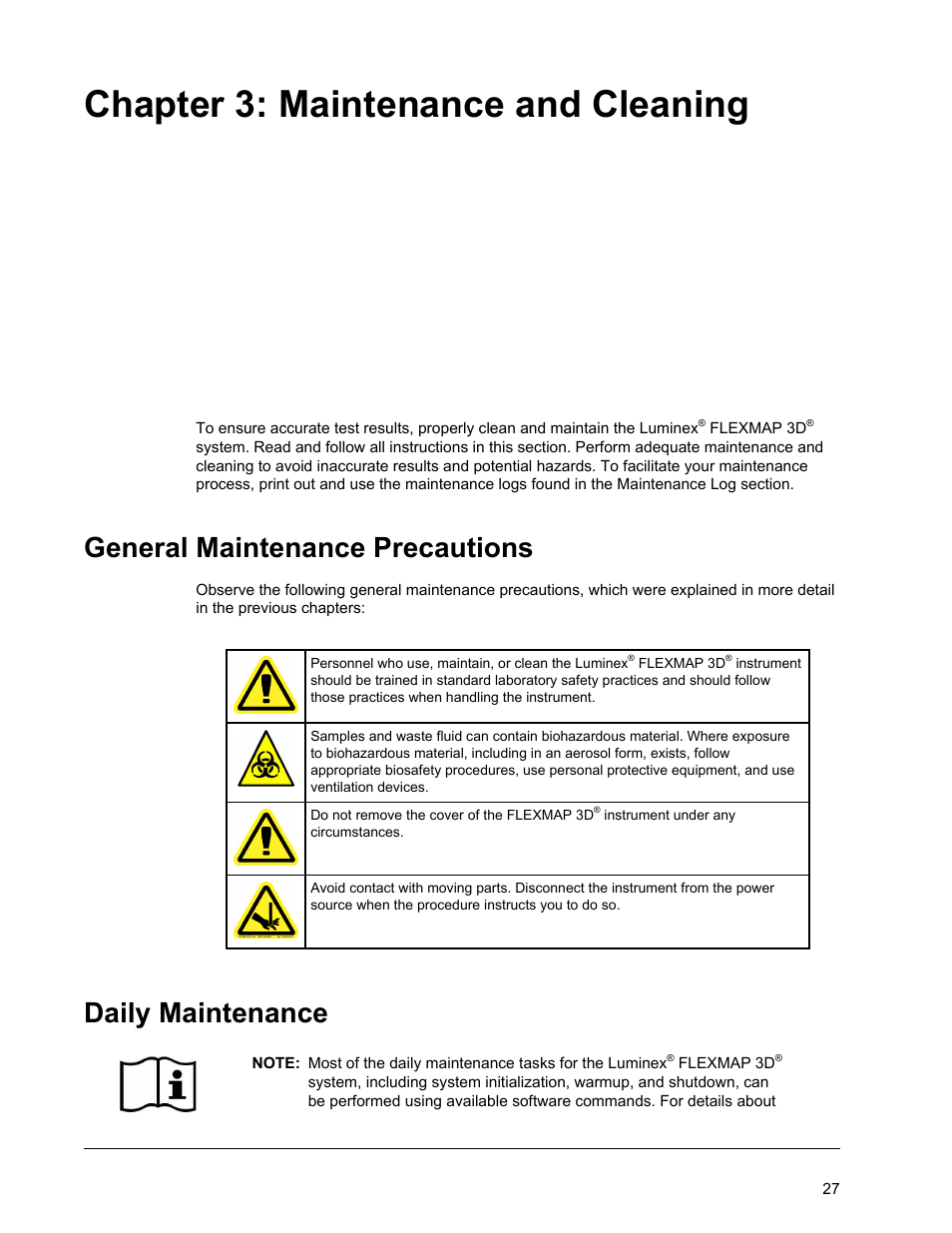 Maintenance and cleaning, General maintenance precautions, Daily maintenance | Chapter 3 maintenance and cleaning, General maintenance precautions daily maintenance, Maintenance, Chapter, Chapter 3: maintenance and cleaning | Luminex FLEXMAP 3D User Manual User Manual | Page 37 / 86