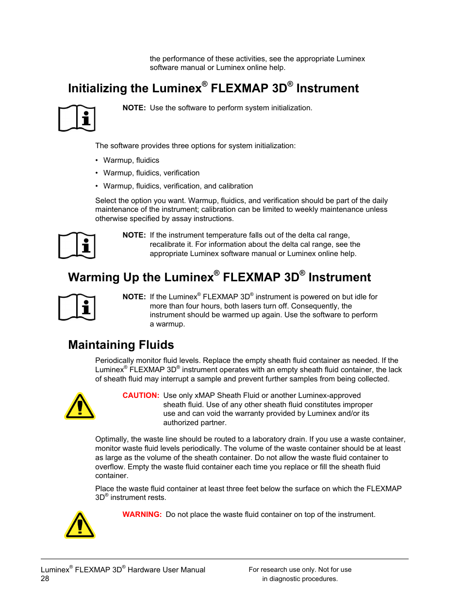 Initializing the luminex® flexmap 3d® instrument, Warming up the luminex® flexmap 3d® instrument, Maintaining fluids | Initializing the luminex, Flexmap 3d, Instrument, Warming up the luminex | Luminex FLEXMAP 3D User Manual User Manual | Page 38 / 86