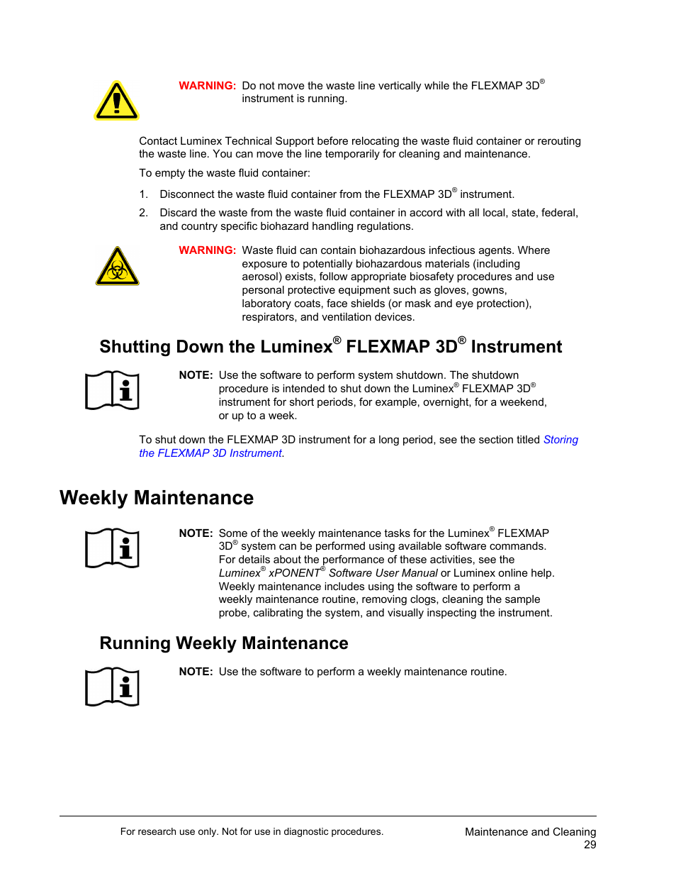 Shutting down the luminex® flexmap 3d® instrument, Weekly maintenance, Running weekly maintenance | Shutting down the luminex, Flexmap 3d, Instrument | Luminex FLEXMAP 3D User Manual User Manual | Page 39 / 86