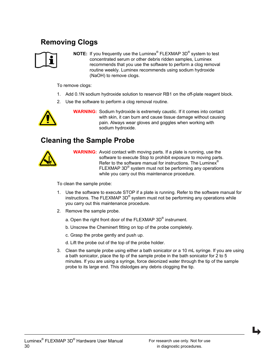 Removing clogs, Cleaning the sample probe, Removing clogs cleaning the sample probe | Luminex FLEXMAP 3D User Manual User Manual | Page 40 / 86