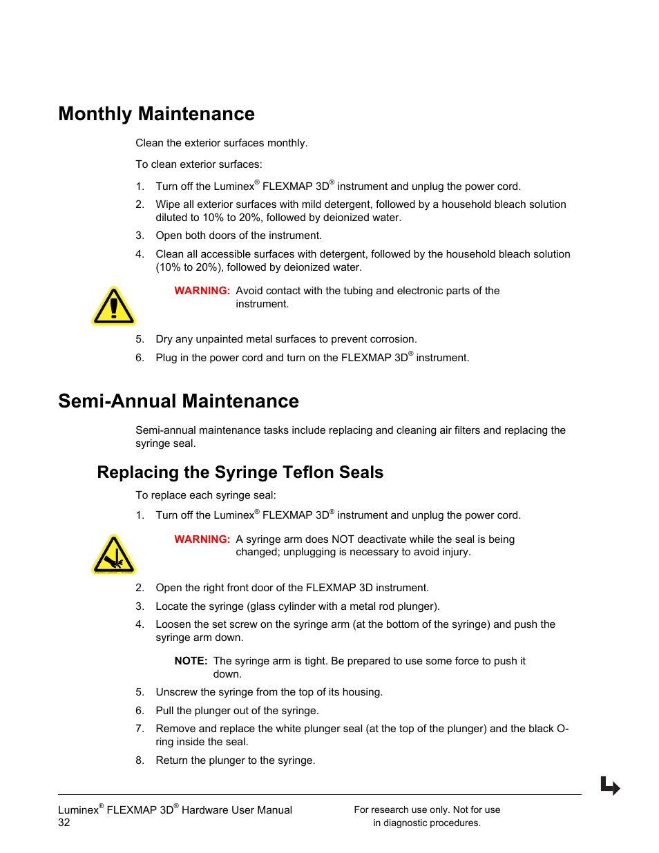 Monthly maintenance, Semi-annual maintenance, Replacing the syringe teflon seals | Monthly maintenance semi-annual maintenance | Luminex FLEXMAP 3D User Manual User Manual | Page 42 / 86