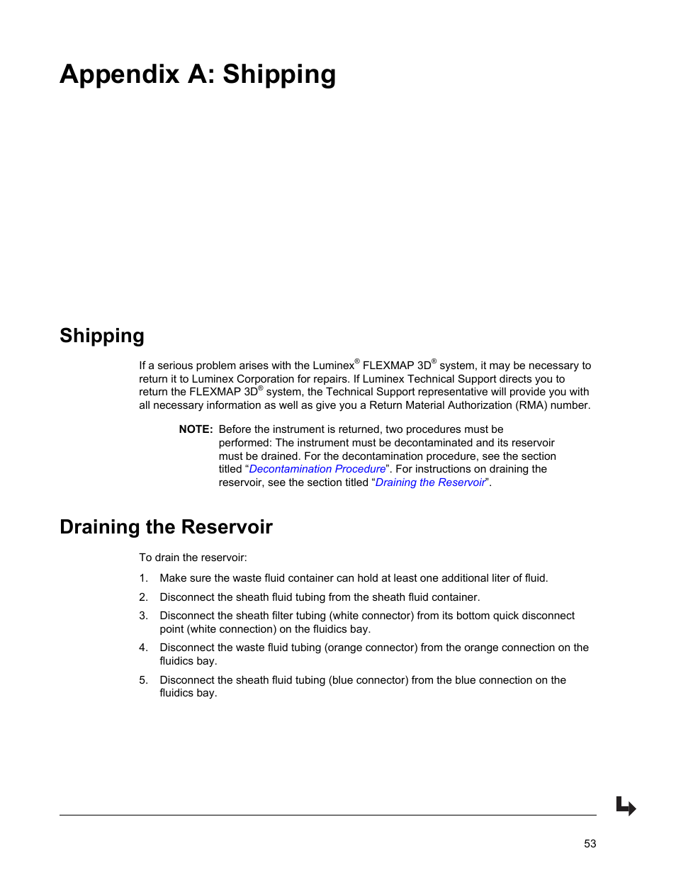 Shipping, Draining the reservoir, Appendix a shipping | Shipping draining the reservoir, Appendix a: shipping | Luminex FLEXMAP 3D User Manual User Manual | Page 63 / 86
