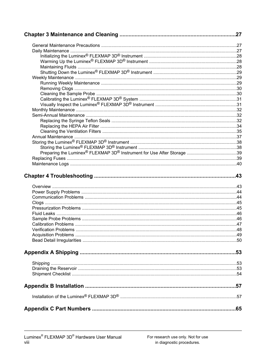 Chapter 3 maintenance and cleaning, Chapter 4 troubleshooting, Appendix a shipping | Appendix b installation, Appendix c part numbers | Luminex FLEXMAP 3D User Manual User Manual | Page 8 / 86
