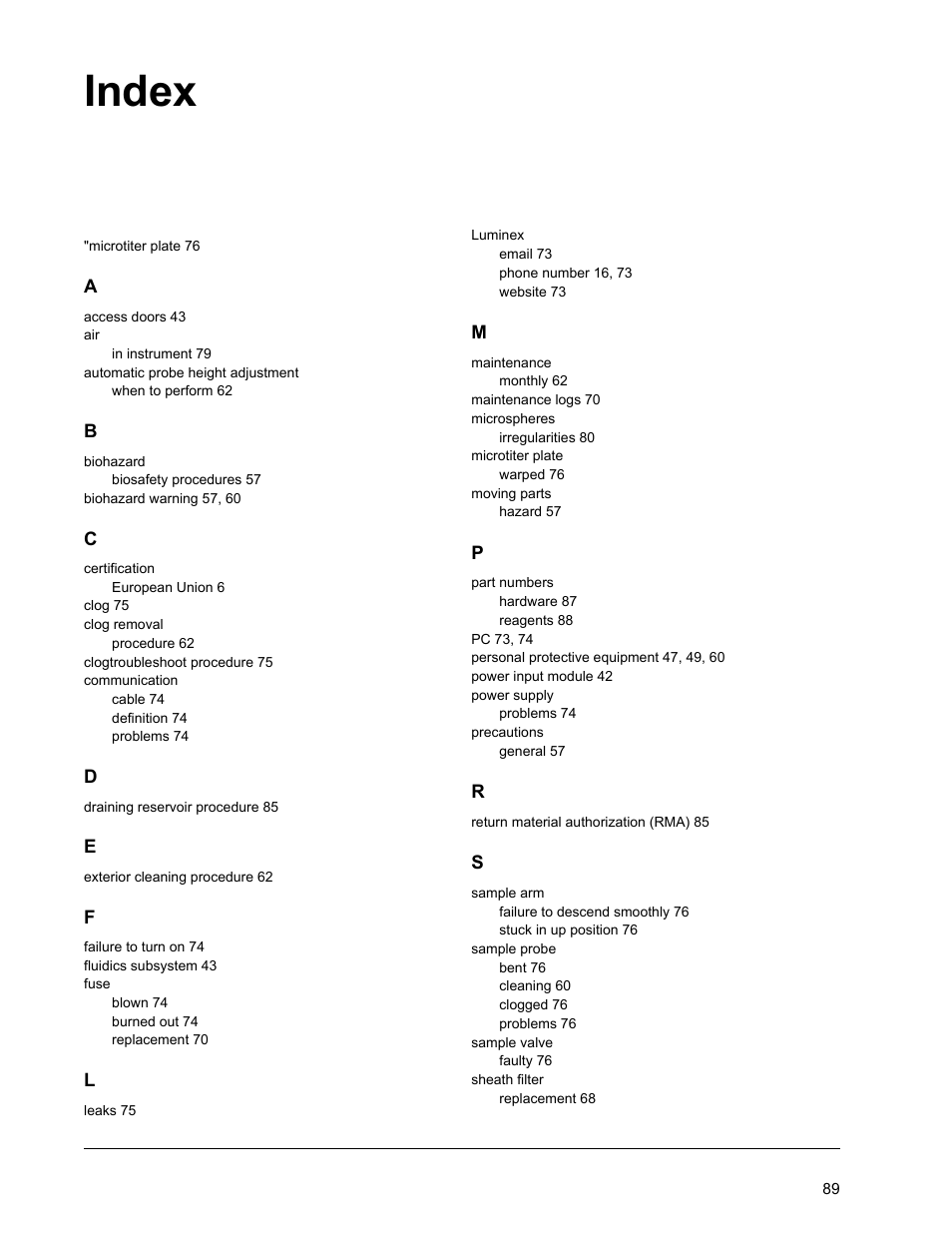 Index | Luminex MAGPIX Hardware and Installation Manual User Manual | Page 102 / 104
