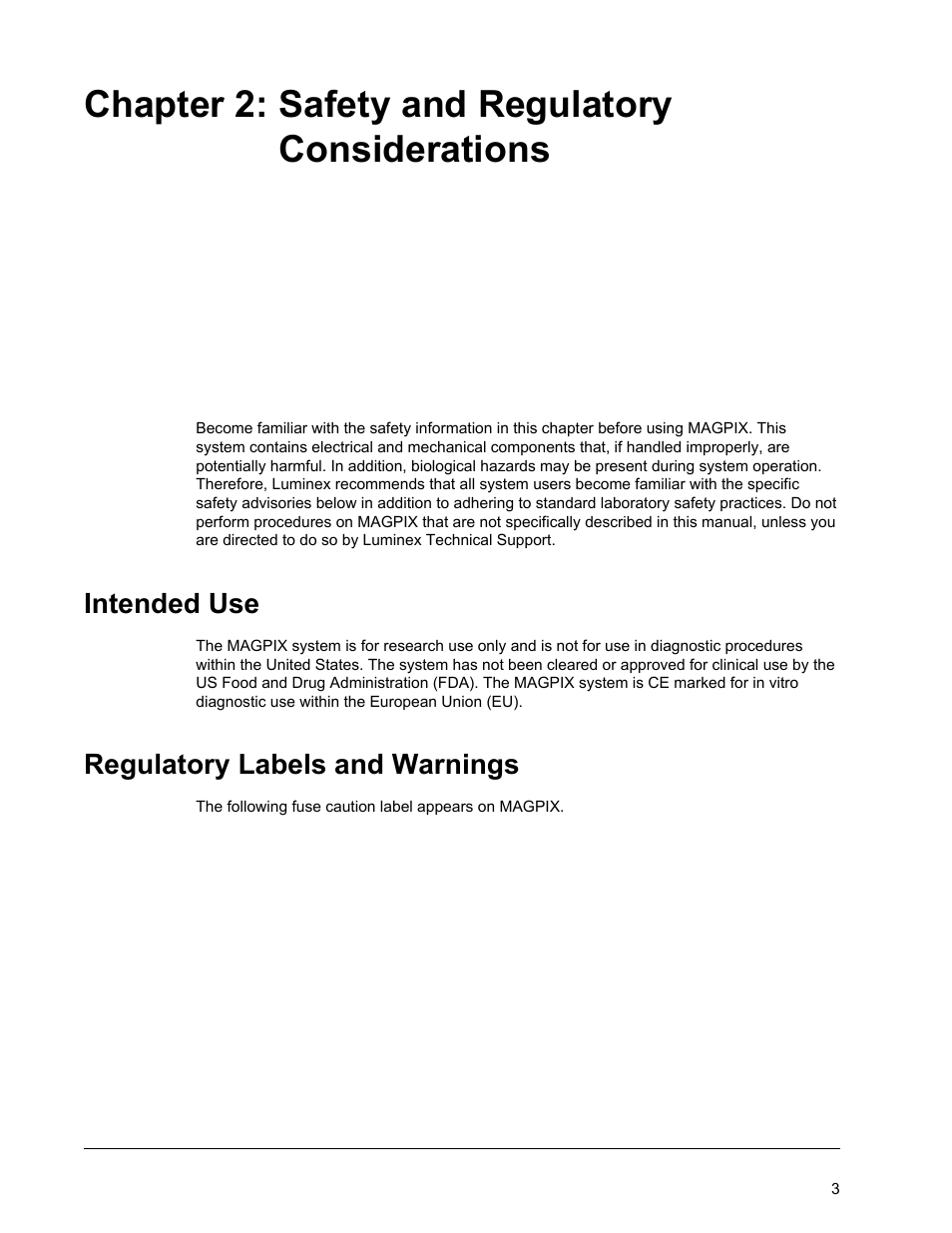 Safety and regulatory considerations, Intended use, Regulatory labels and warnings | Chapter 2 safety and regulatory considerations, Intended use regulatory labels and warnings, Chapter 2: safety and regulatory considerations | Luminex MAGPIX Hardware and Installation Manual User Manual | Page 16 / 104