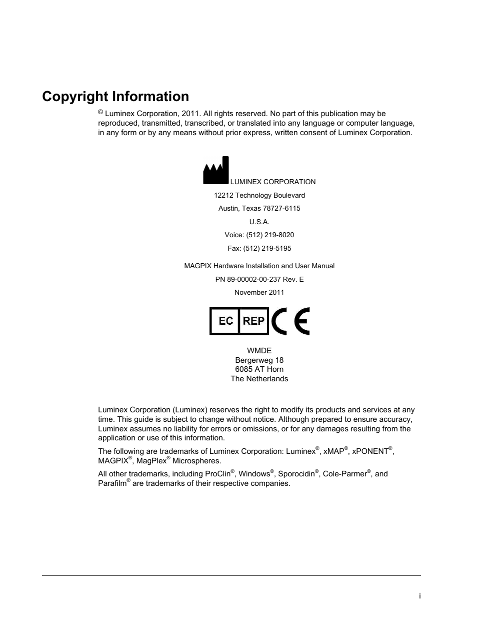 Copyright information | Luminex MAGPIX Hardware and Installation Manual User Manual | Page 2 / 104
