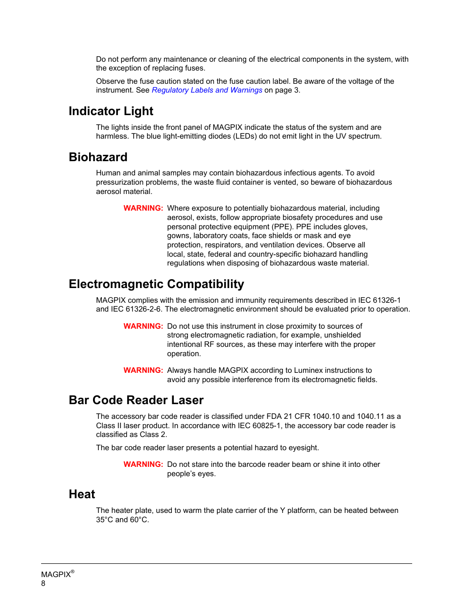 Indicator light, Biohazard, Electromagnetic compatibility | Bar code reader laser, Heat | Luminex MAGPIX Hardware and Installation Manual User Manual | Page 21 / 104