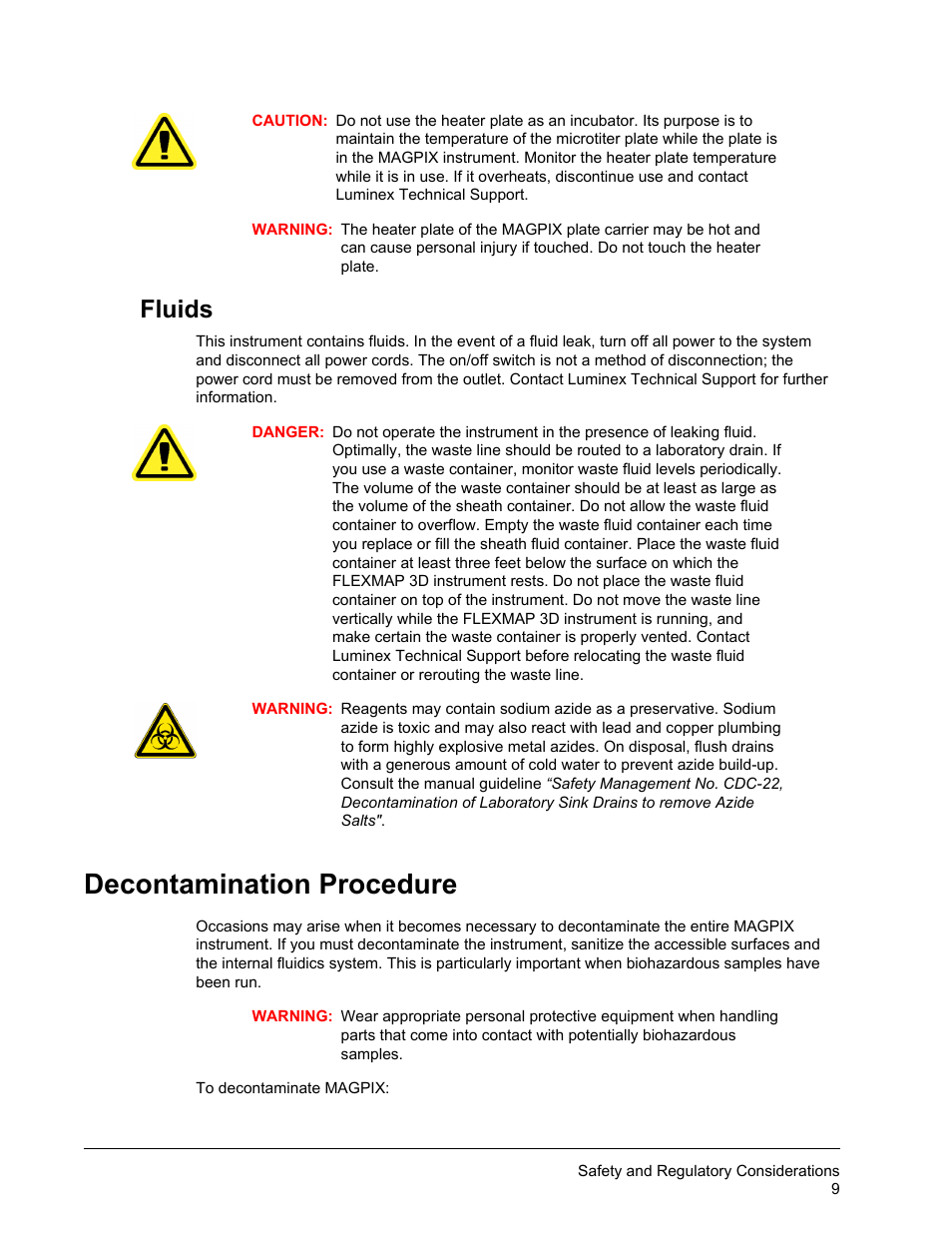 Fluids, Decontamination procedure | Luminex MAGPIX Hardware and Installation Manual User Manual | Page 22 / 104