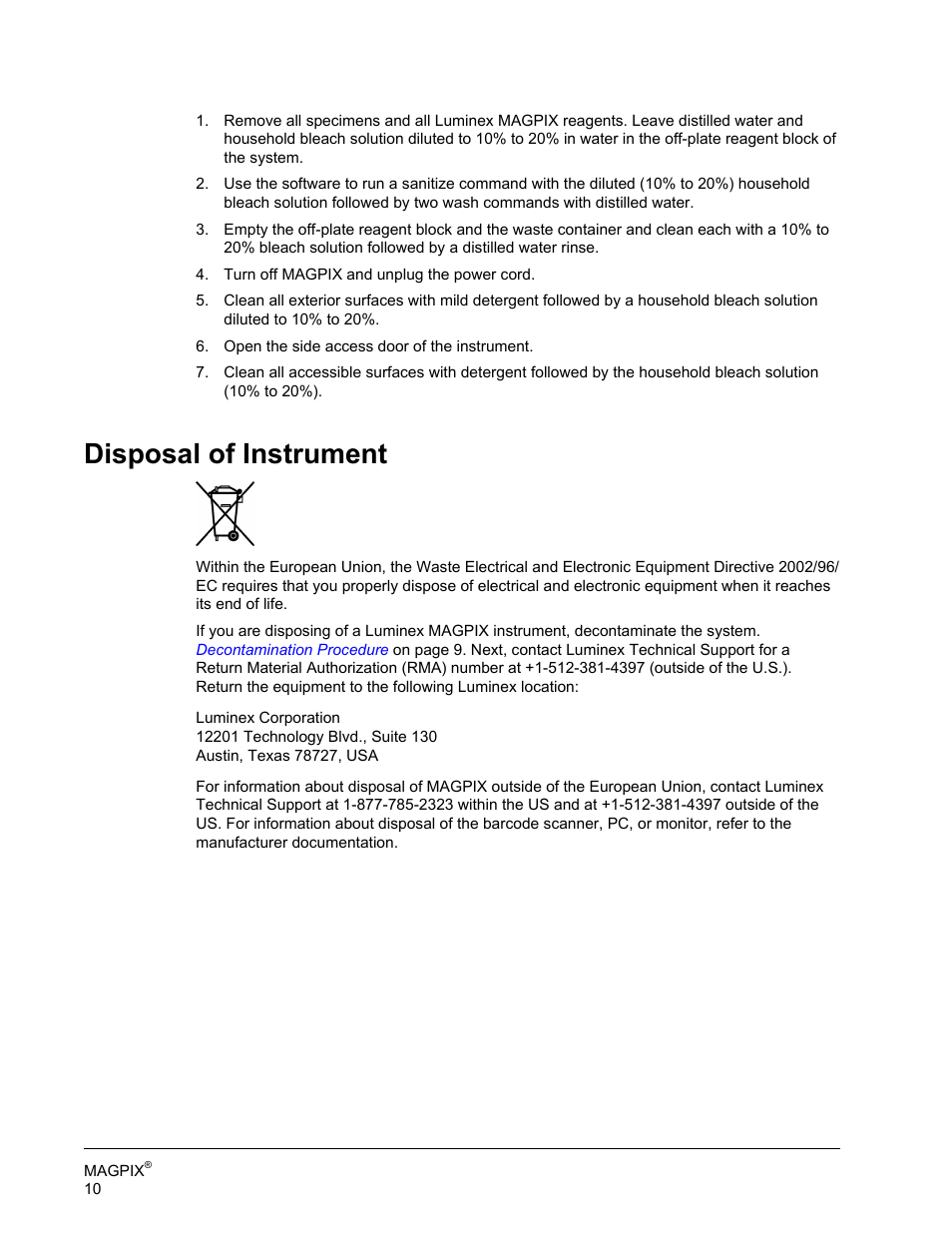 Disposal of instrument | Luminex MAGPIX Hardware and Installation Manual User Manual | Page 23 / 104