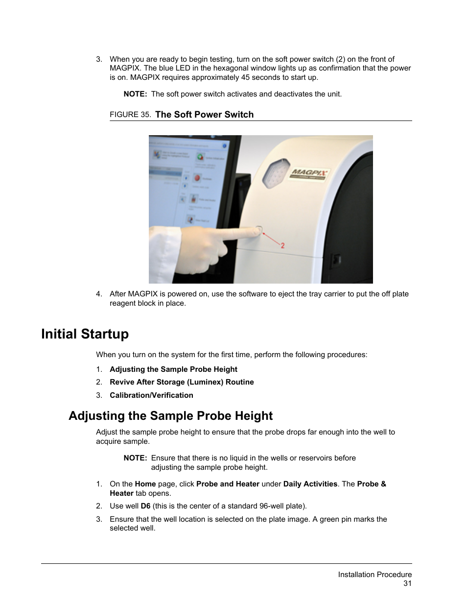 Initial startup, Adjusting the sample probe height | Luminex MAGPIX Hardware and Installation Manual User Manual | Page 44 / 104