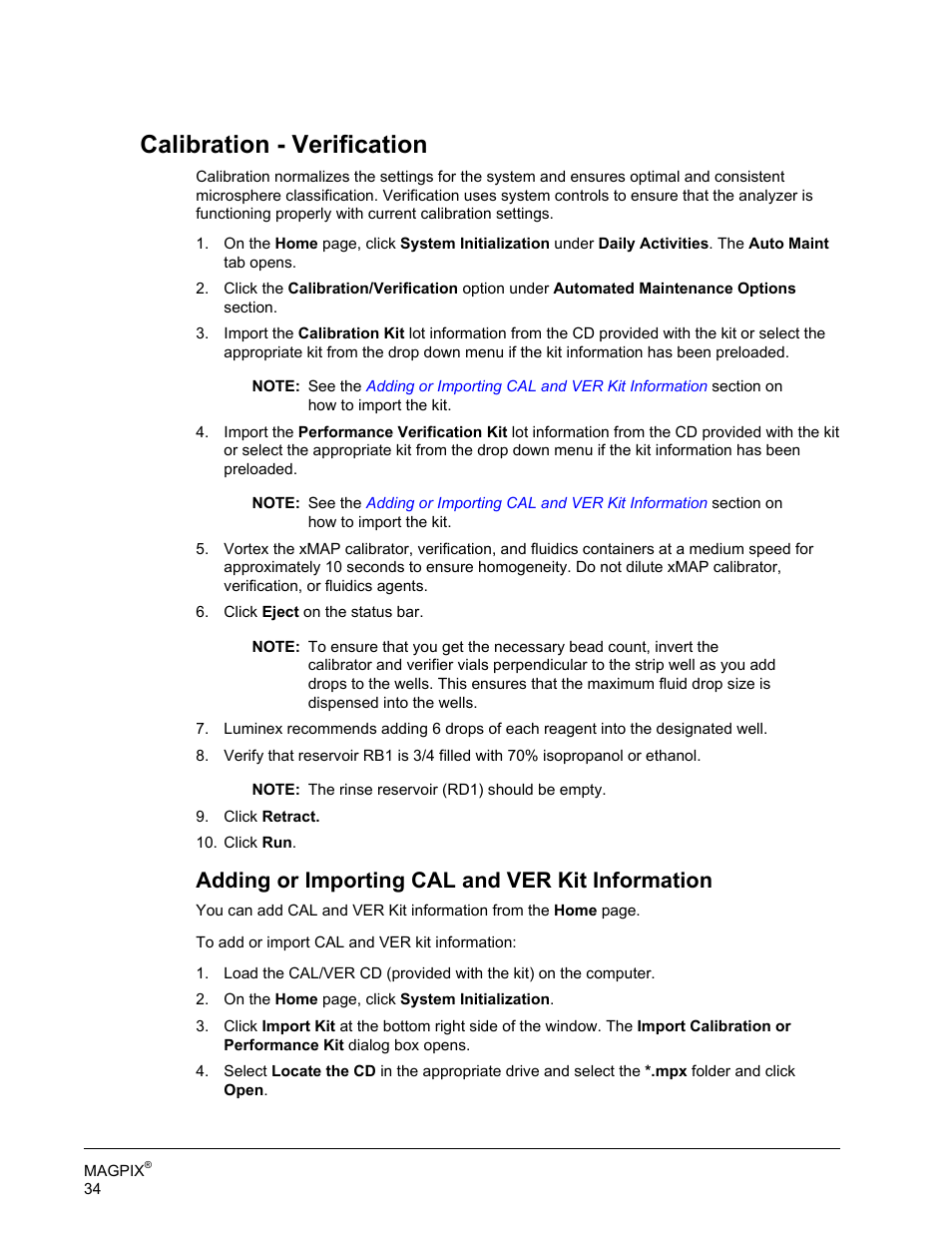 Calibration - verification, Adding or importing cal and ver kit information | Luminex MAGPIX Hardware and Installation Manual User Manual | Page 47 / 104
