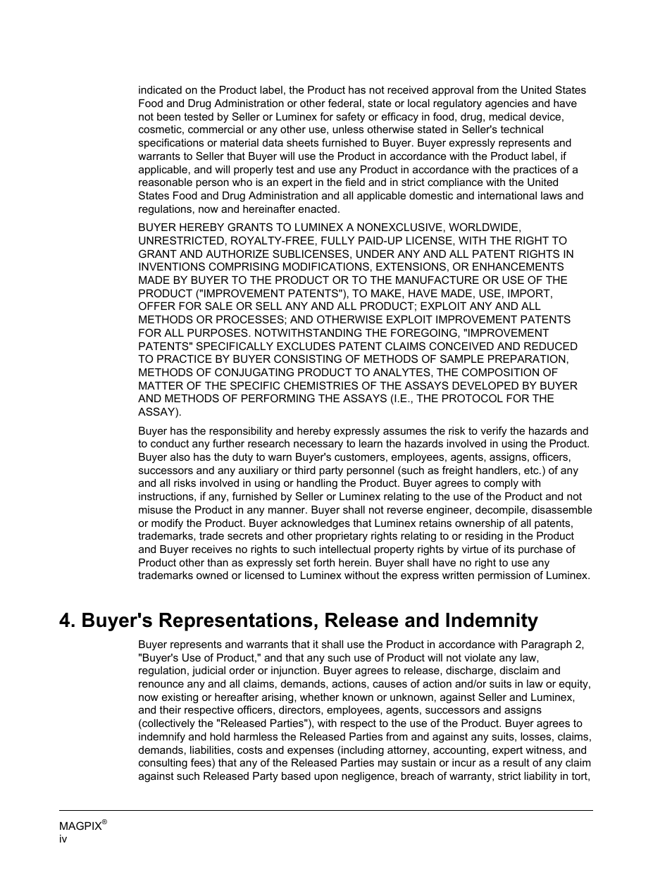 Buyer's representations, release and indemnity | Luminex MAGPIX Hardware and Installation Manual User Manual | Page 5 / 104
