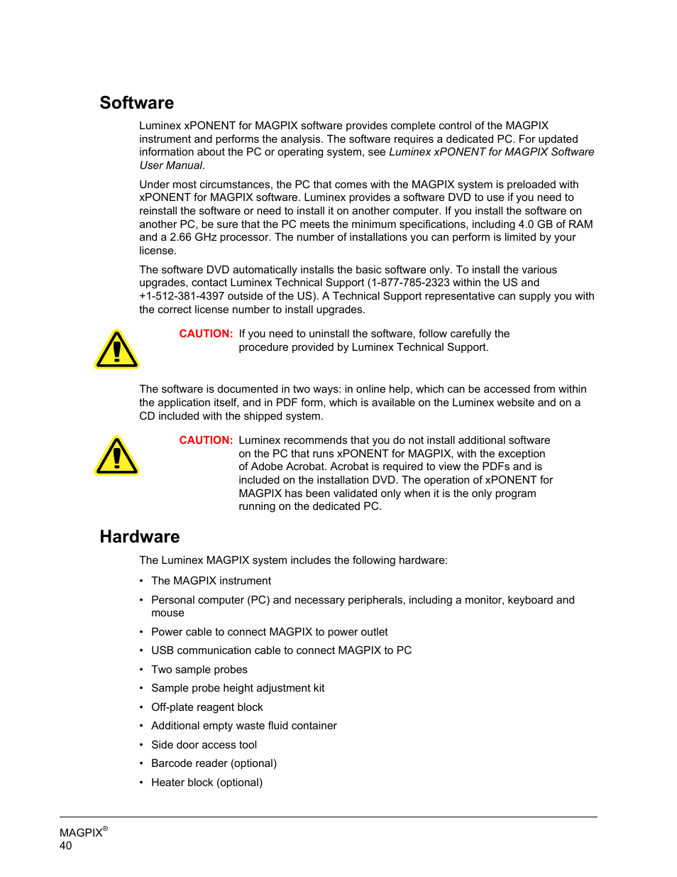 Software, Hardware, Software hardware | Luminex MAGPIX Hardware and Installation Manual User Manual | Page 53 / 104