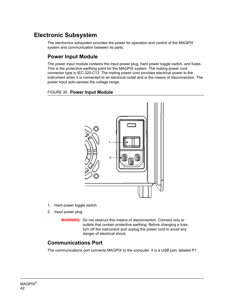 Electronic subsystem, Power input module, Communications port | Luminex MAGPIX Hardware and Installation Manual User Manual | Page 55 / 104