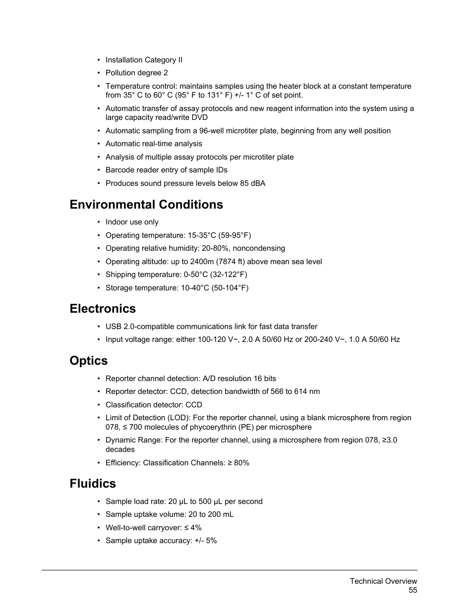 Environmental conditions, Electronics, Optics | Fluidics | Luminex MAGPIX Hardware and Installation Manual User Manual | Page 68 / 104