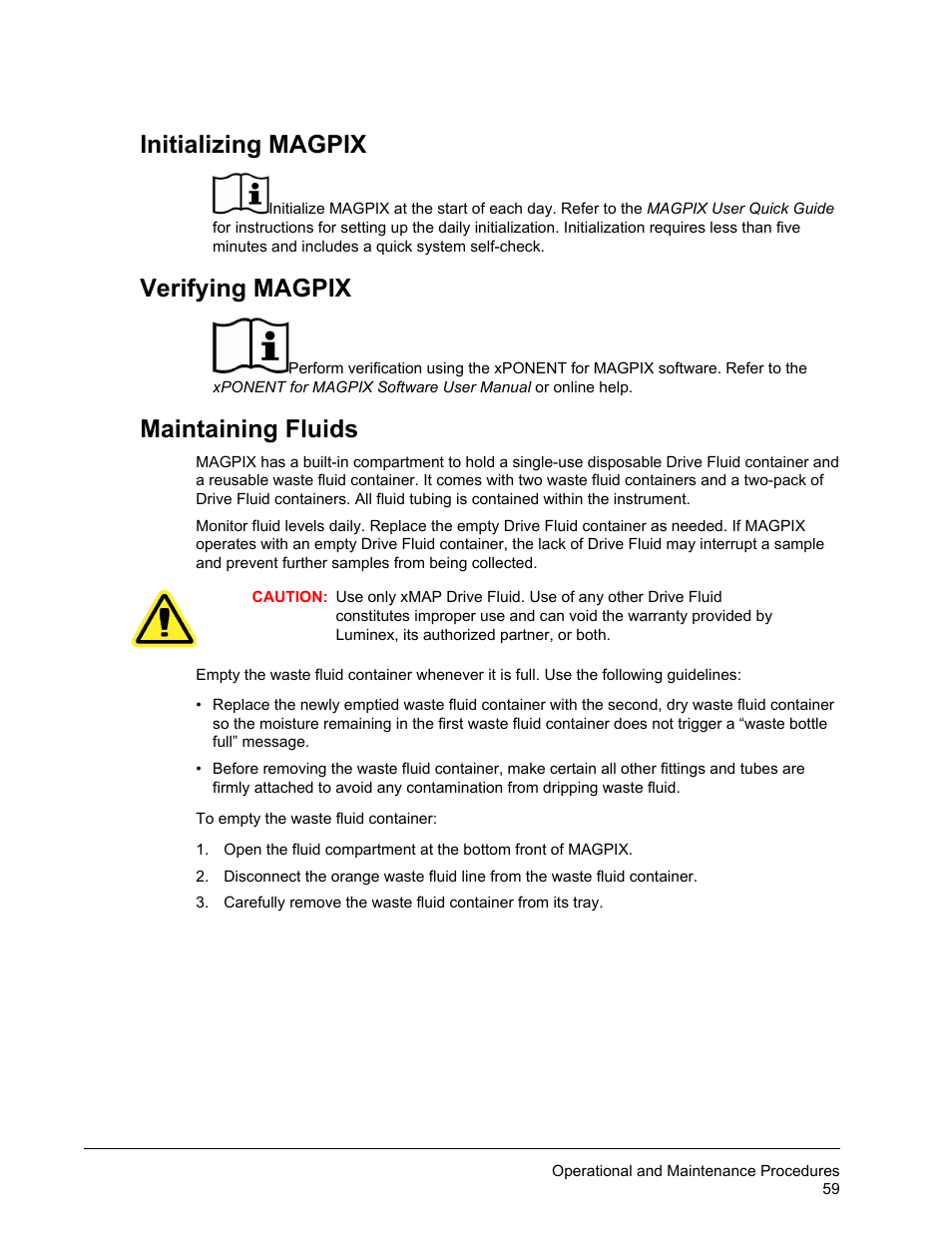 Initializing magpix, Verifying magpix, Maintaining fluids | Luminex MAGPIX Hardware and Installation Manual User Manual | Page 72 / 104