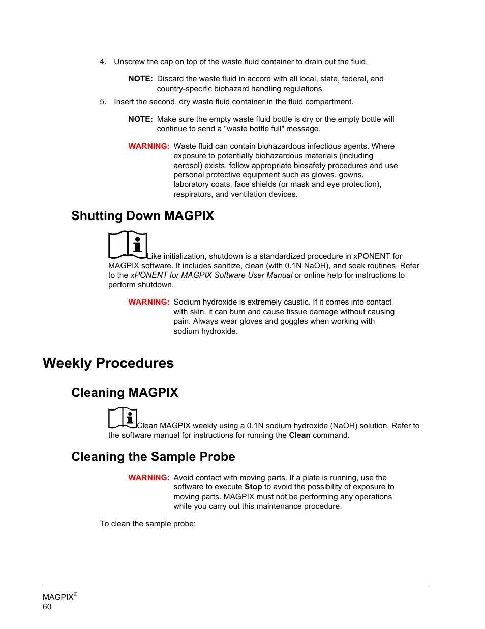 Shutting down magpix, Weekly procedures, Cleaning magpix | Cleaning the sample probe, Cleaning magpix cleaning the sample probe | Luminex MAGPIX Hardware and Installation Manual User Manual | Page 73 / 104