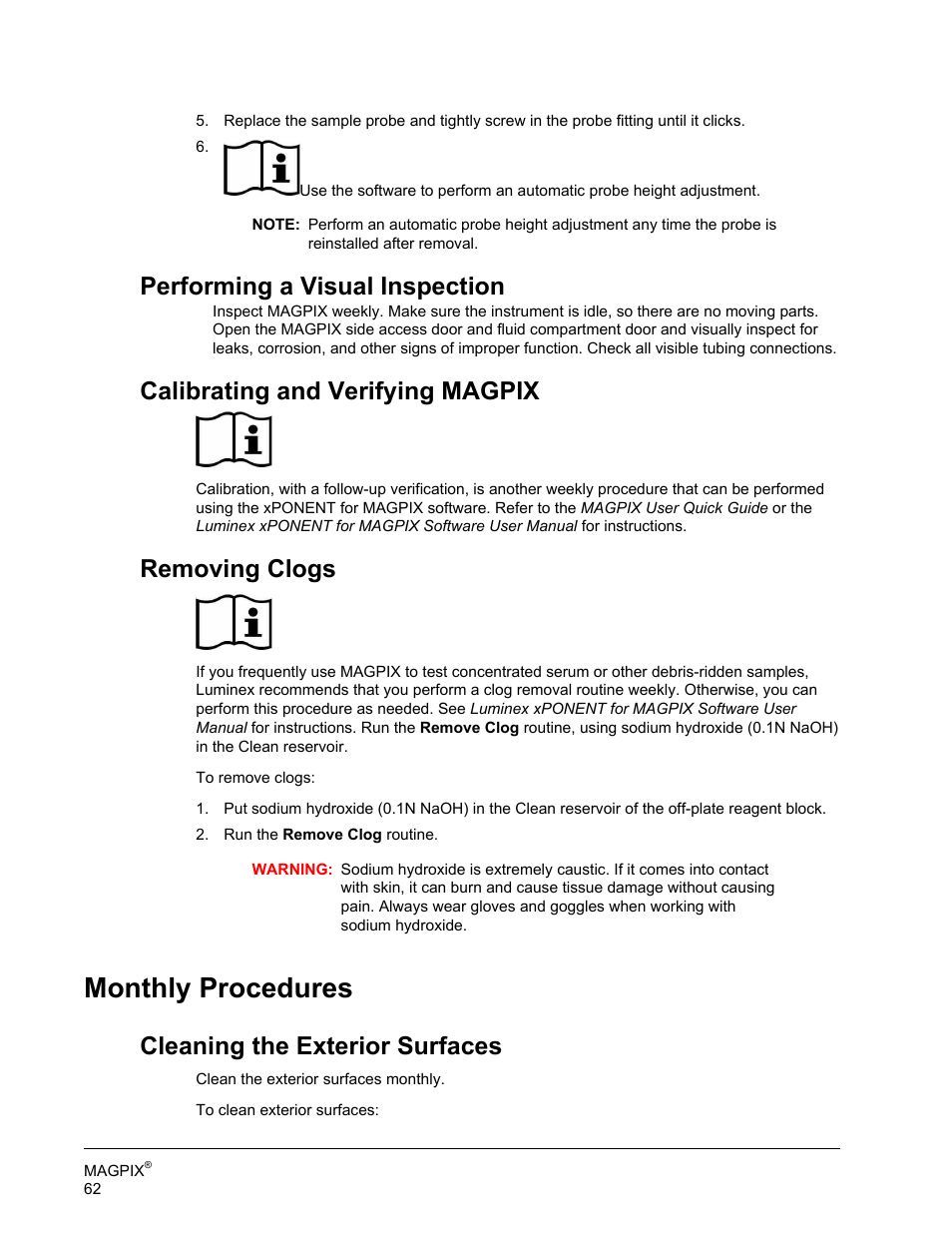 Performing a visual inspection, Calibrating and verifying magpix, Removing clogs | Monthly procedures, Cleaning the exterior surfaces | Luminex MAGPIX Hardware and Installation Manual User Manual | Page 75 / 104