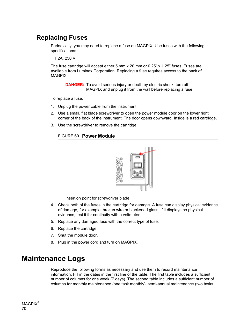 Replacing fuses, Maintenance logs | Luminex MAGPIX Hardware and Installation Manual User Manual | Page 83 / 104