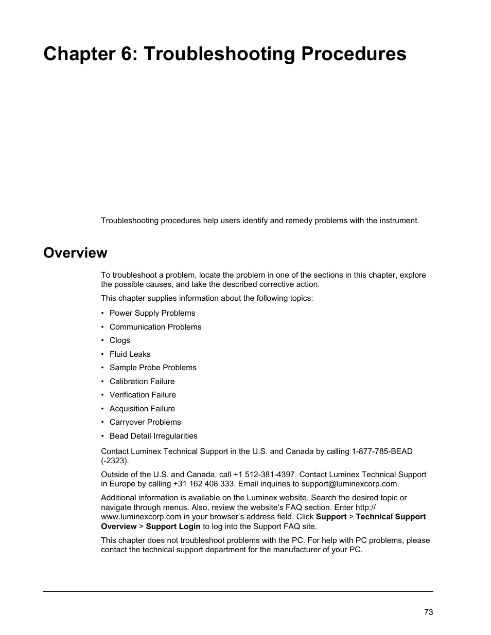 Troubleshooting procedures, Overview, Chapter 6 troubleshooting procedures | Chapter 6: troubleshooting procedures | Luminex MAGPIX Hardware and Installation Manual User Manual | Page 86 / 104