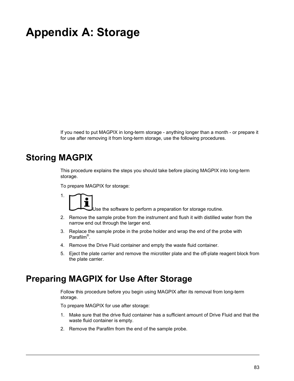 Storage, Storing magpix, Preparing magpix for use after storage | Appendix a storage, Appendix a: storage | Luminex MAGPIX Hardware and Installation Manual User Manual | Page 96 / 104