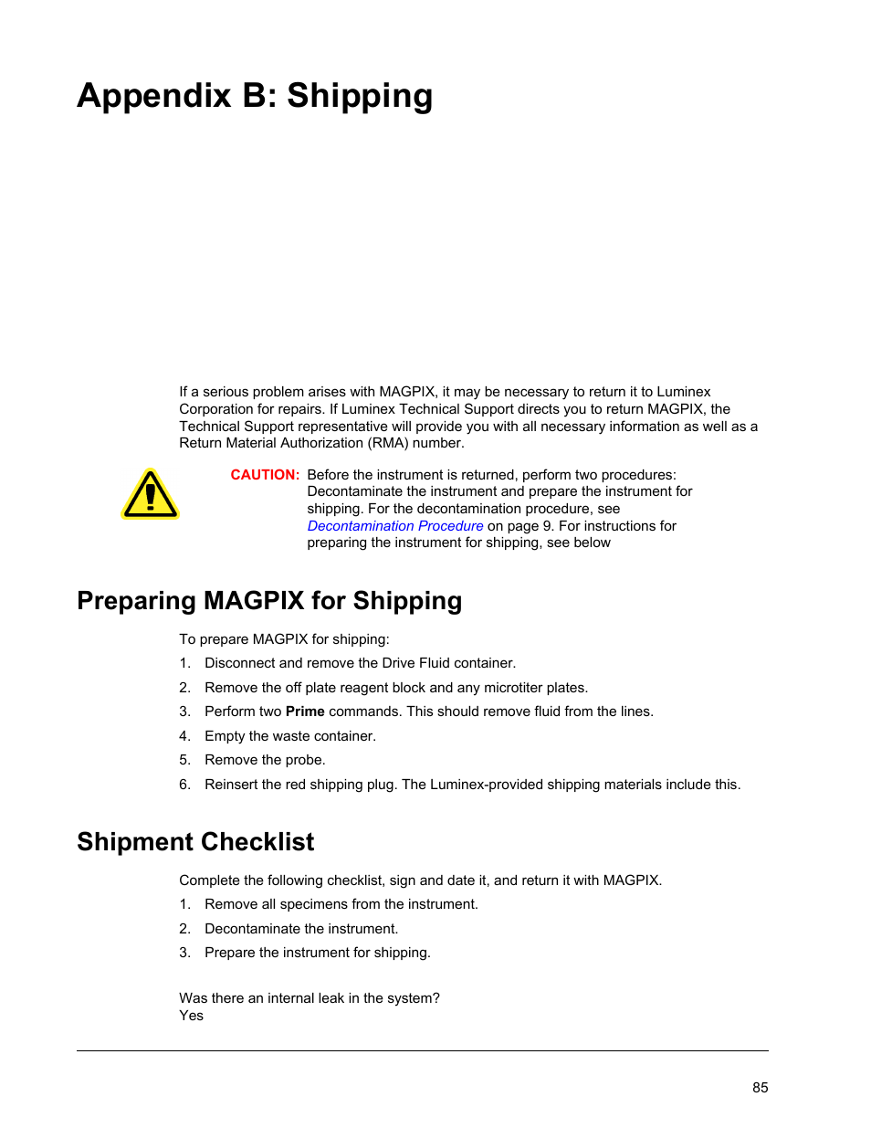 Shipping, Preparing magpix for shipping, Shipment checklist | Appendix b shipping, Preparing magpix for shipping shipment checklist, Appendix b: shipping | Luminex MAGPIX Hardware and Installation Manual User Manual | Page 98 / 104