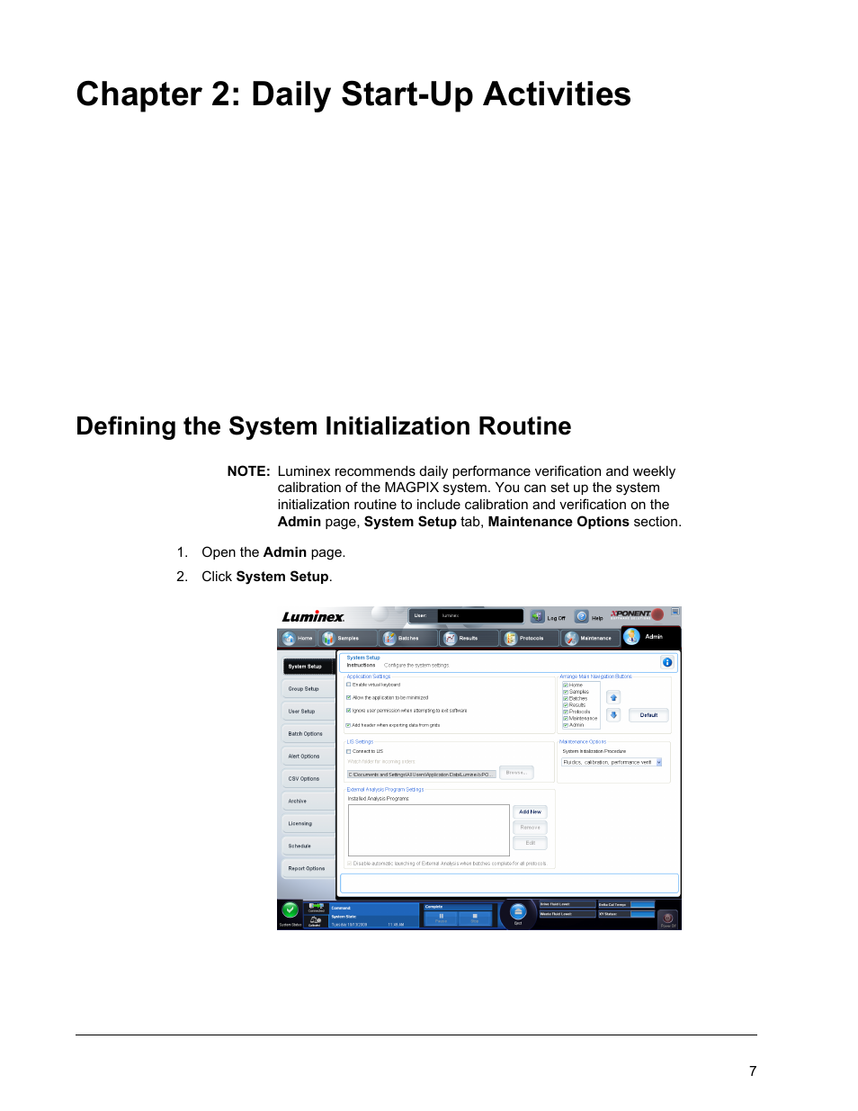 Daily start-up activities, Defining the system initialization routine, Chapter 2 daily start-up activities | Chapter 2: daily start-up activities | Luminex MAGPIX User Quick Guide User Manual | Page 12 / 29