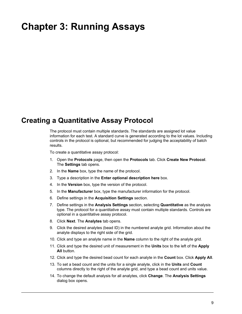 Running assays, Creating a quantitative assay protocol, Chapter 3 running assays | Chapter 3: running assays | Luminex MAGPIX User Quick Guide User Manual | Page 14 / 29