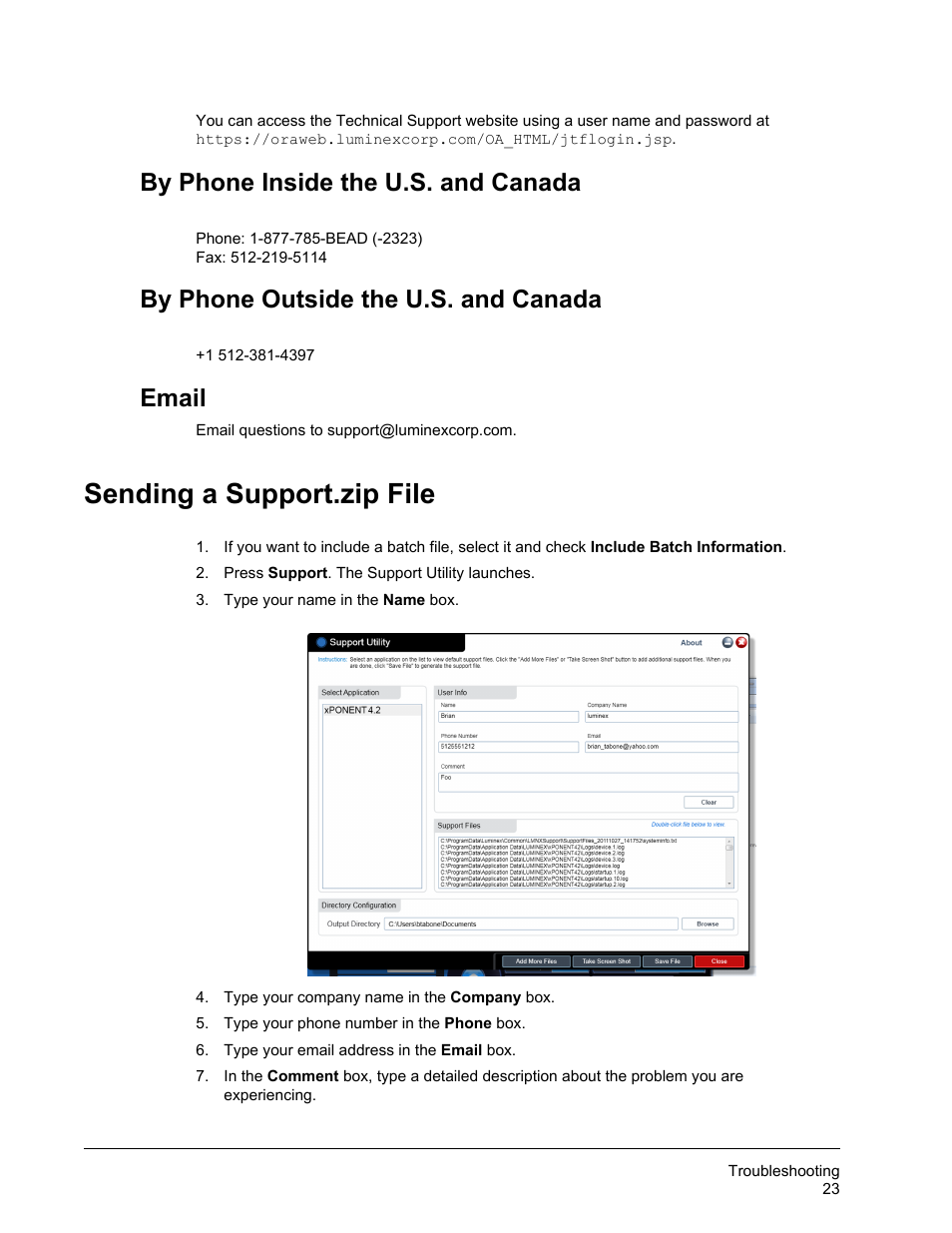 Sending a support.zip file, By phone inside the u.s. and canada, By phone outside the u.s. and canada | Email | Luminex MAGPIX User Quick Guide User Manual | Page 28 / 29