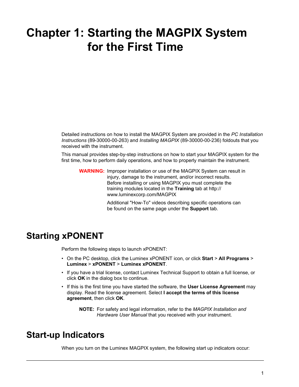 Starting the magpix system for the first time, Starting xponent, Start-up indicators | Starting xponent start-up indicators | Luminex MAGPIX User Quick Guide User Manual | Page 6 / 29