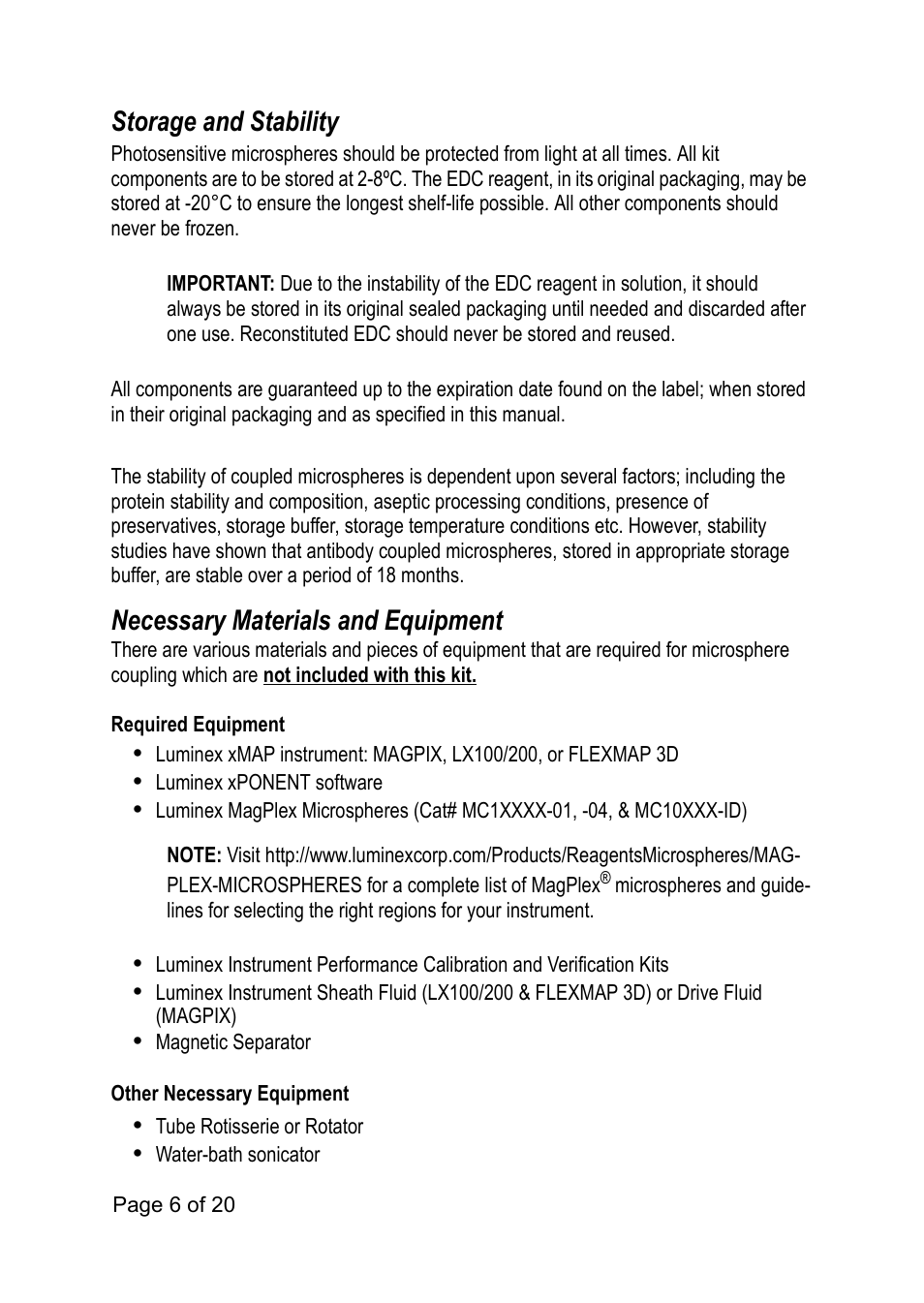 Storage and stability, Necessary materials and equipment | Luminex xMAP Antibody Coupling Kit User Manual | Page 10 / 24